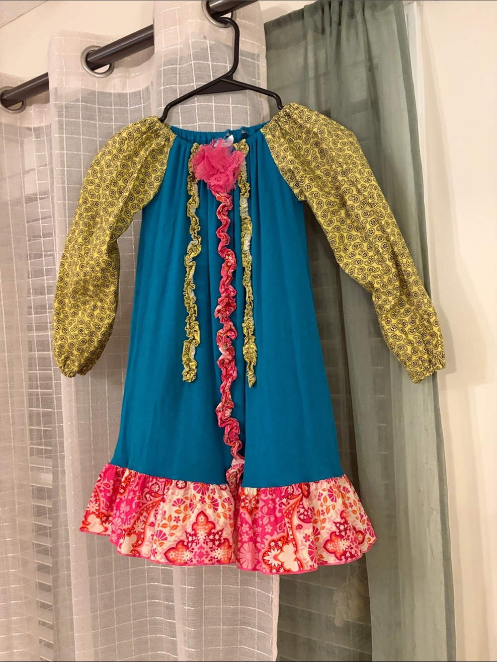 Girls Bright Teal Peasant Dress with Pink Ruffle and Olive Sleeves
